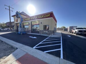 Oil change business with parking lot lines and arrows